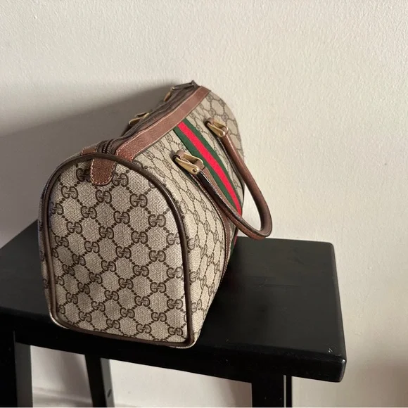 GUCCI Boston Bag $1295 Monogram Canvas, Dark Brown Leather Trim & Green-Red Web - Picture 5 of 17